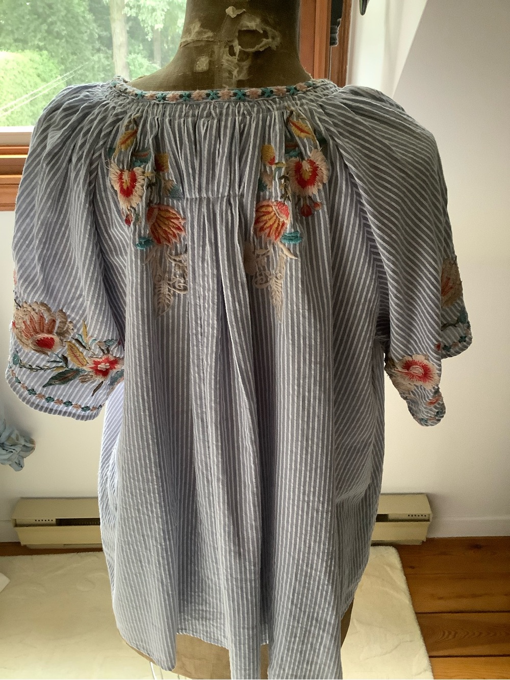 Blue Striped Embroidered Peasant Blouse with Red Tassels - Picture 6 of 14